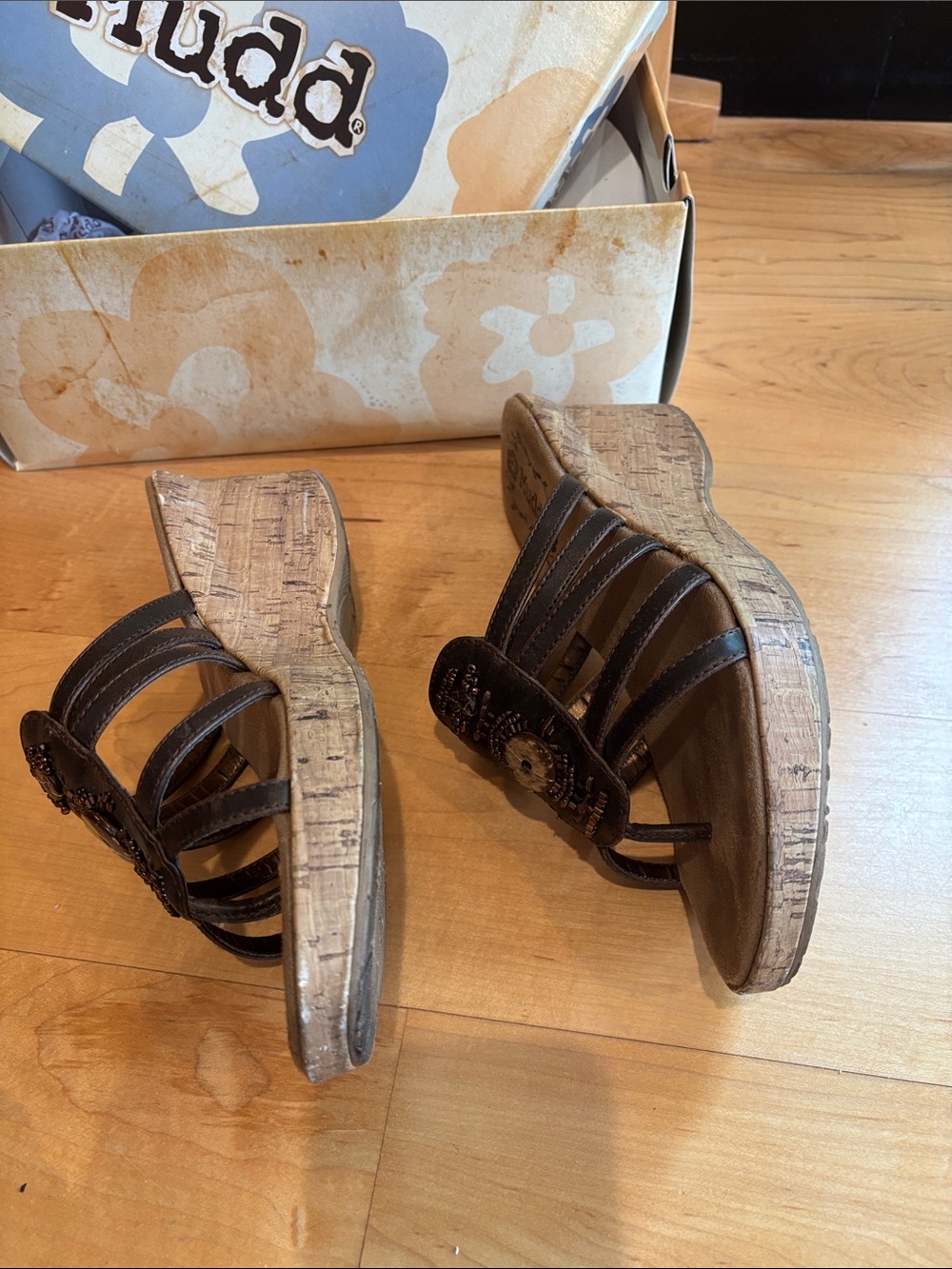 Mudd Dark Brown Beaded Cork Wedge Sandals - Picture 6 of 9